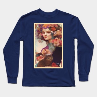 Floral art of painting of girl with cat flowers and roses Long Sleeve T-Shirt